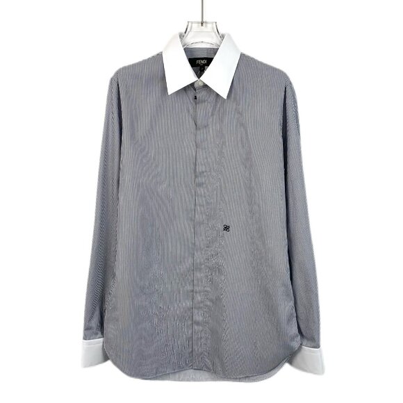 X13058 Fendi Blue logo embroidered lapel striped cotton long-sleeved shirt size